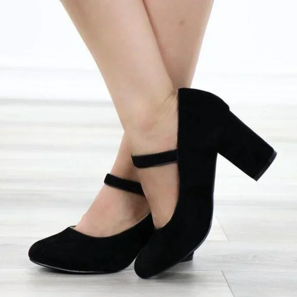 Black Mary Jane Shoes Faux Suede Buckle Strap Chunky Block Heel - Picture 9 of 13